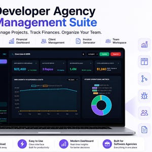 Peut inclure: Un ordinateur portable affichant l'interface de la Developer Agency Management Suite, avec un tableau de bord sombre présentant des indicateurs financiers, des outils de gestion de projet et des options de gestion client.