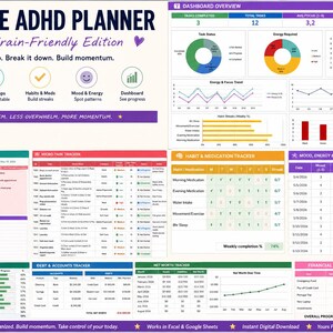 Peut inclure: Le planificateur ADHD Brain-Friendly Edition est un système d'organisation numérique comprenant un tableau de bord, un espace de réflexion, un planificateur quotidien, un suivi des tâches, des habitudes, des médicaments et des finances.