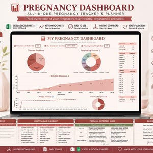 Peut inclure: Un tableau de bord de grossesse numérique affiché sur un écran d'ordinateur portable, comprenant un suivi de 40 semaines, un journal des symptômes, un guide nutritionnel et une liste de contrôle pour le sac d'hôpital avec des graphiques.