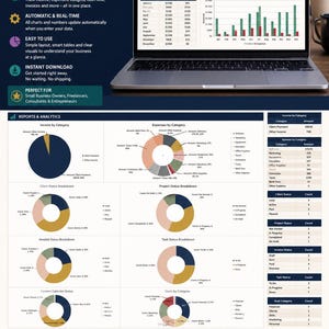Peut inclure: Un modèle Excel numérique pour un tableau de bord financier de petite entreprise affiché sur un écran d'ordinateur portable. L'interface présente diverses visualisations de données, notamment des graphiques à barres, des diagrammes circulaires et des tableaux.