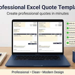 Peut inclure: Un écran d'ordinateur affichant un modèle de devis Excel professionnel avec deux mises en page côte à côte. Le texte inclut 'Professional Excel Quote Template', 'Create professional quotes in minutes' et une liste de fonctionnalités comme 'Automatic Calculations'.