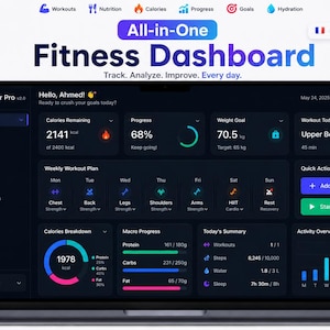 May include: A dark-themed digital fitness dashboard displayed on a laptop screen, titled FitMaster Pro. The interface features sections for calories, workout progress, weight goals, and weekly plans with charts, icons, and metrics for tracking health data.
