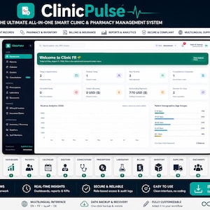 May include: ClinicPulse software interface dashboard displaying patient records, pharmacy inventory, billing, and analytics. The dark-themed UI features a central panel with appointment summaries, revenue charts, and patient demographics, surrounded by feature lists.