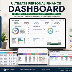 Peut inclure: Un modèle Excel pour un tableau de bord de finances personnelles affiché sur un écran d'ordinateur portable, comprenant un tableau de bord principal avec des graphiques, un suivi budgétaire mensuel et un suivi des objectifs d'épargne.