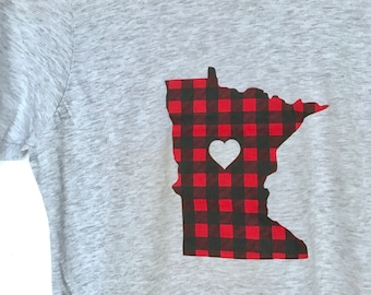 Minnesota Flannel Kids T-Shirt - Minnesota Love Flannel Tee- Screen Printed Minnesota Heather Gray Unisex Kids Top by Oh Geez! Design
