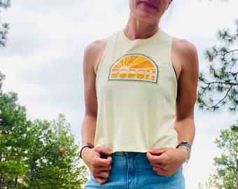 Womens SoDak Sunbeams Racerback Crop Tank Top - Ladies South Dakota Tank by Oh Geez! Design - Heather French Vanilla SoDak Sun Design Crop