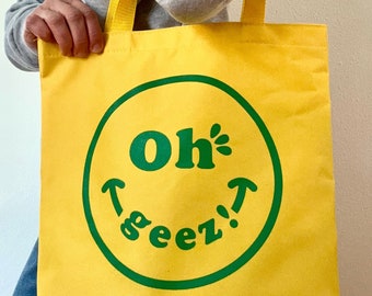 Oh Geez! Design Smiley Tote Bag - Smiley Face Tote - Oh Geez! Smiley Wink Bright Yellow and Green Tote Bag