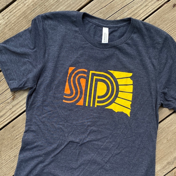 Unisex South Dakota T-shirt - Men’s Women’s SD Sunny Retro Navy T-shirt - SD Sunny Screen-printed tee by Oh Geez! Design - Made in SoDak