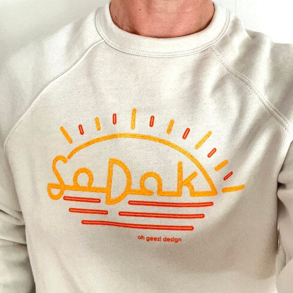 SoDak Neon Sun Crew Sweatshirt by Oh Geez! Design - South Dakota Crewneck Sweatshirt  - SoDak Adult Unisex Sweatshirt - Off White Sweatshirt