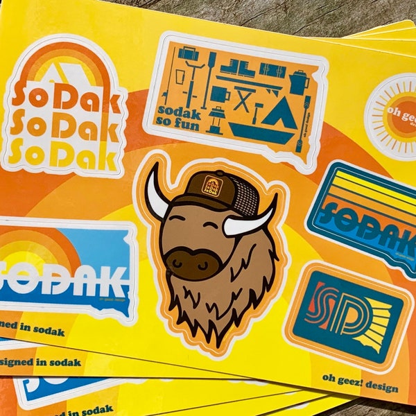 SoDak Sticker Sheet by Oh Geez! Design - South Dakota Sticker Sheet - South Dakota Souvenir - South Dakota Gift -SoDak Water Bottle Stickers