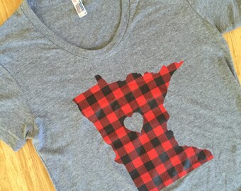 Minnesota Love T-Shirt: Buffalo Check Flannel State Silhouette