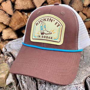 Kickin It in SoDak Snapback Rope Hat by Oh Geez Design South Dakota Western Patch Trucker Hat Brown Retro SoDak Cowboy Boot Rope Hat image 2