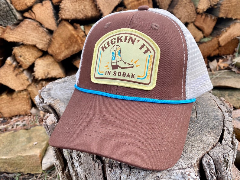 Kickin It in SoDak Snapback Rope Hat by Oh Geez Design South Dakota Western Patch Trucker Hat Brown Retro SoDak Cowboy Boot Rope Hat image 2