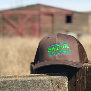 SoDak is for Farmers Brown Trucker Cap SoDak South Dakota is for Farmers Retro Fitted Baseball Hat EmbroideredFarming Cap Oh Geez Design image 6