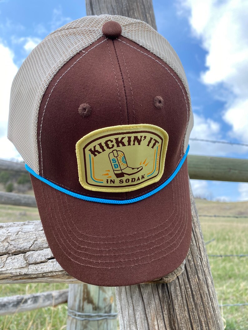 Kickin It in SoDak Snapback Rope Hat by Oh Geez Design South Dakota Western Patch Trucker Hat Brown Retro SoDak Cowboy Boot Rope Hat image 7