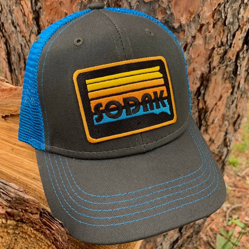 Kids SoDak Sunset Trucker Cap Youth South Dakota Sunset Patch Dark Gray Blue Snapback hat Kids South Dakota Trucker Hat Oh Geez Design image 6