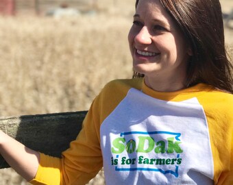 SoDak is for Farmers Baseball Tee - South Dakota is For Farmers Retro Unisex Yellow White Raglan - Womens Mens SoDak Baseball Tee by Oh Geez