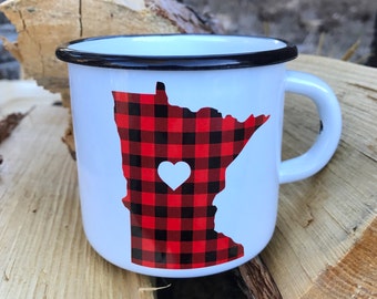 Camping Mug Minnesota Flannel  - Enamel Camp Mug Minnesota Flannel Love - Enamelware Minnesota Coffee Mug - Buffalo Check Mug Oh Geez Design