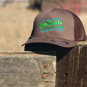 SoDak is for Farmers Brown Trucker Cap SoDak South Dakota is for Farmers Retro Fitted Baseball Hat EmbroideredFarming Cap Oh Geez Design image 3