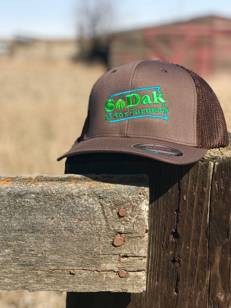 SoDak is for Farmers Brown Trucker Cap SoDak South Dakota is for Farmers Retro Fitted Baseball Hat EmbroideredFarming Cap Oh Geez Design image 3