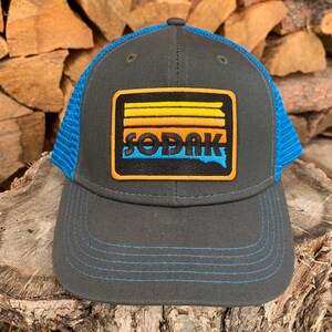 Kids SoDak Sunset Trucker Cap Youth South Dakota Sunset Patch Dark Gray Blue Snapback hat Kids South Dakota Trucker Hat Oh Geez Design image 8