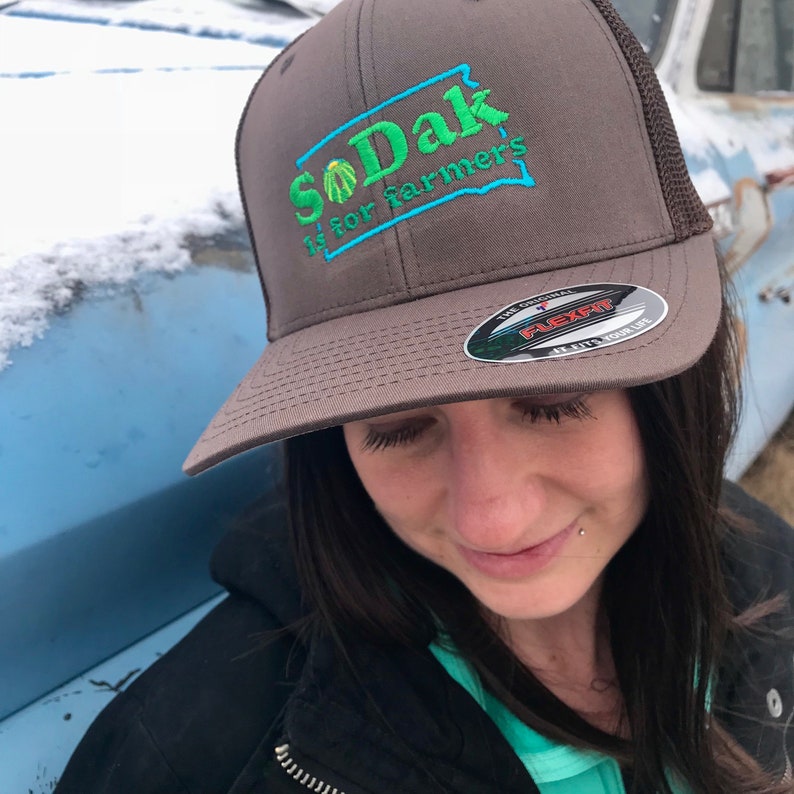 SoDak is for Farmers Brown Trucker Cap SoDak South Dakota is for Farmers Retro Fitted Baseball Hat EmbroideredFarming Cap Oh Geez Design image 1