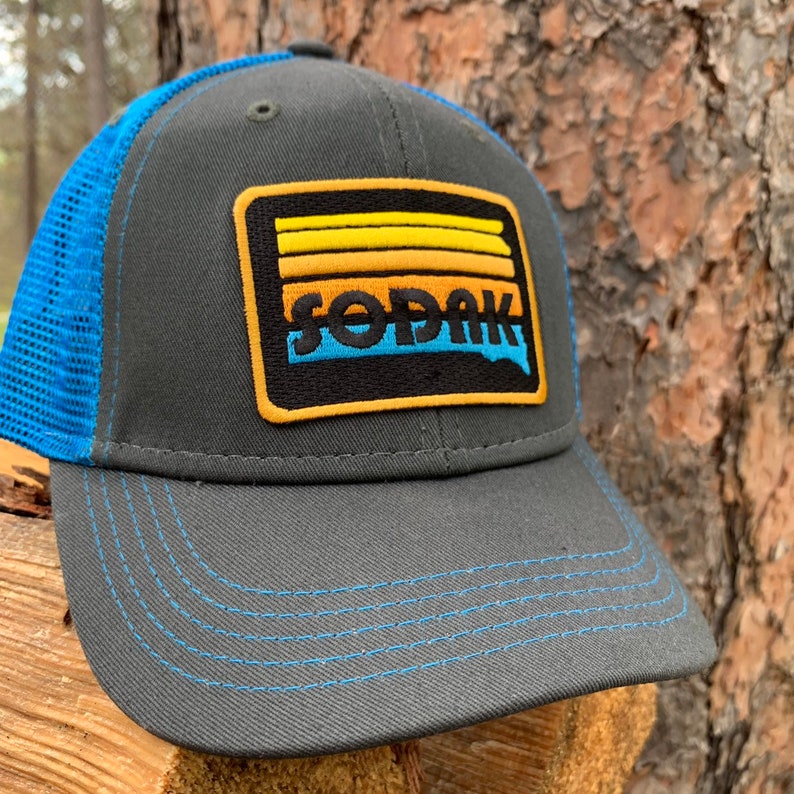 Kids SoDak Sunset Trucker Cap Youth South Dakota Sunset Patch Dark Gray Blue Snapback hat Kids South Dakota Trucker Hat Oh Geez Design image 5