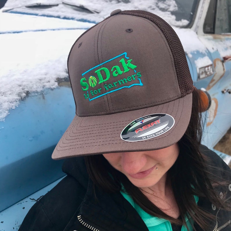 SoDak is for Farmers Brown Trucker Cap SoDak South Dakota is for Farmers Retro Fitted Baseball Hat EmbroideredFarming Cap Oh Geez Design image 4