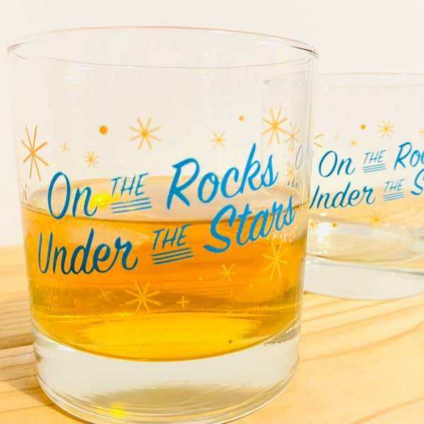 On the Rocks Under the Stars Whiskey Glass Set by Oh Geez! Design - Set of Two Whiskey Rocks Glasses - Bourbon Glasses -Retro Whisky Glasses