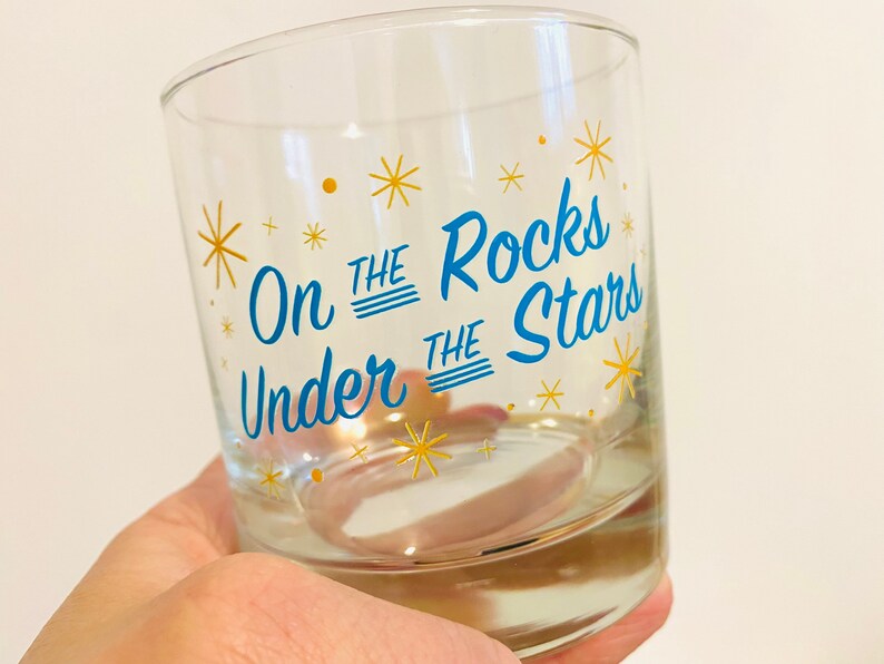 On the Rocks Under the Stars Whiskey Glass by Oh Geez Design Whiskey Rocks Glass Bourbon Glass Retro Starburst Whisky Rocks Glass image 5