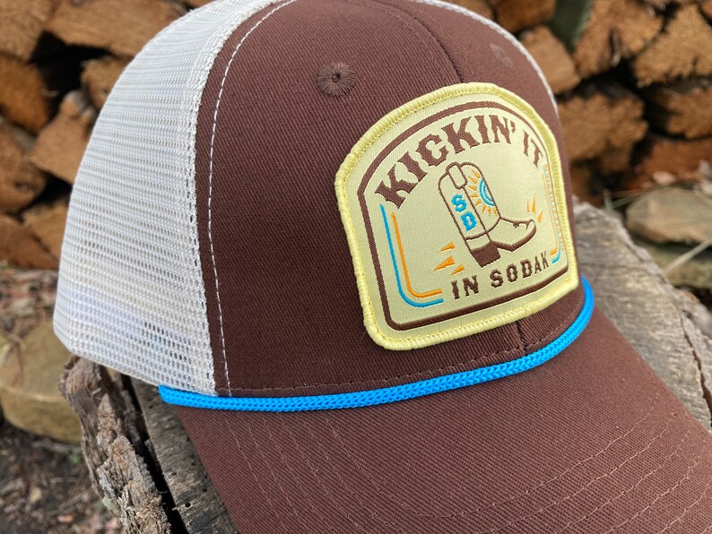 Kickin It in SoDak Snapback Rope Hat by Oh Geez Design South Dakota Western Patch Trucker Hat Brown Retro SoDak Cowboy Boot Rope Hat image 10