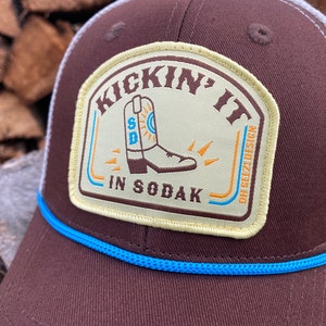 Kickin It in SoDak Snapback Rope Hat by Oh Geez Design South Dakota Western Patch Trucker Hat Brown Retro SoDak Cowboy Boot Rope Hat image 3