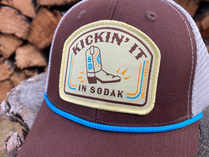 Kickin It in SoDak Snapback Rope Hat by Oh Geez Design South Dakota Western Patch Trucker Hat Brown Retro SoDak Cowboy Boot Rope Hat image 3