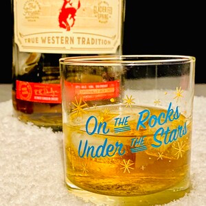 On the Rocks Under the Stars Whiskey Glass by Oh Geez Design Whiskey Rocks Glass Bourbon Glass Retro Starburst Whisky Rocks Glass image 7