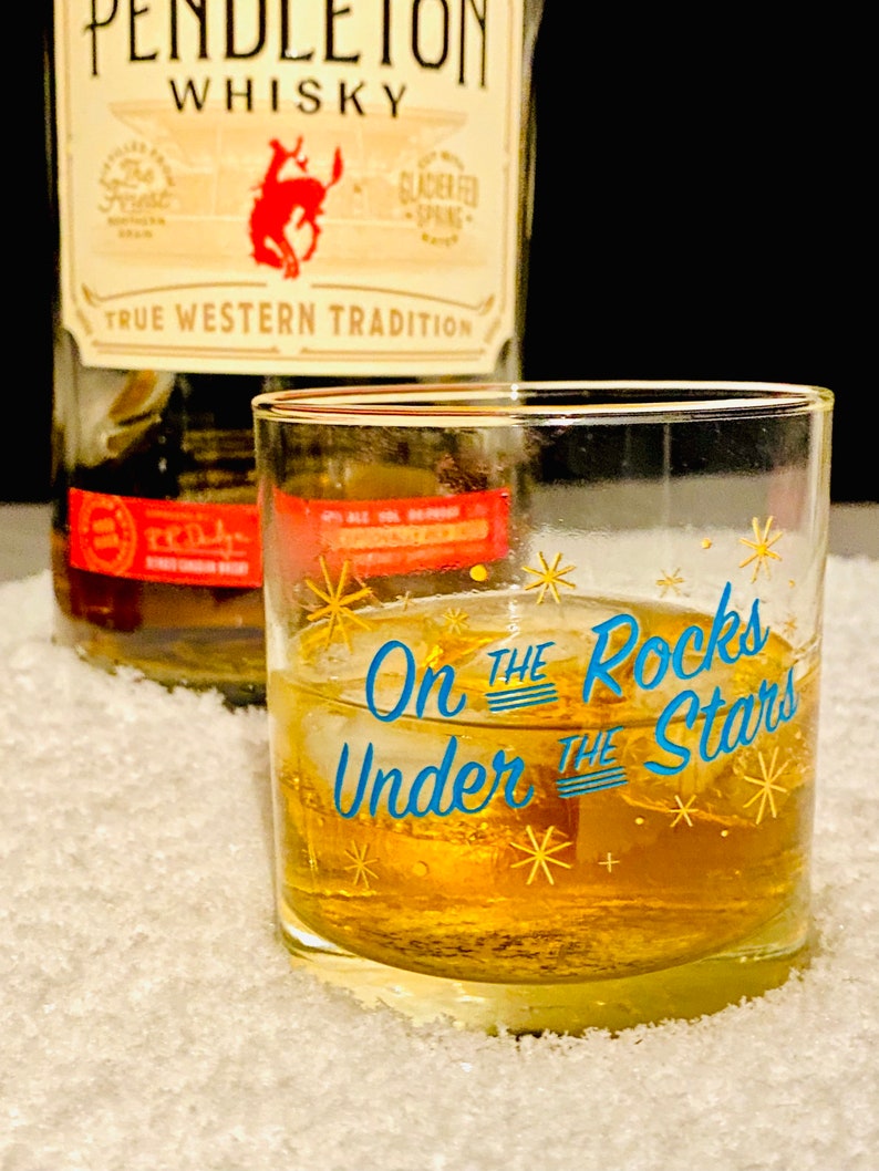 On the Rocks Under the Stars Whiskey Glass by Oh Geez Design Whiskey Rocks Glass Bourbon Glass Retro Starburst Whisky Rocks Glass image 7