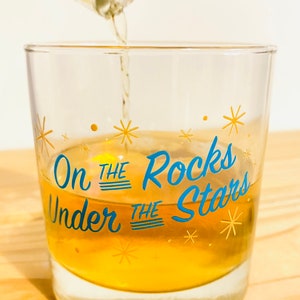 On the Rocks Under the Stars Whiskey Glass by Oh Geez Design Whiskey Rocks Glass Bourbon Glass Retro Starburst Whisky Rocks Glass image 4
