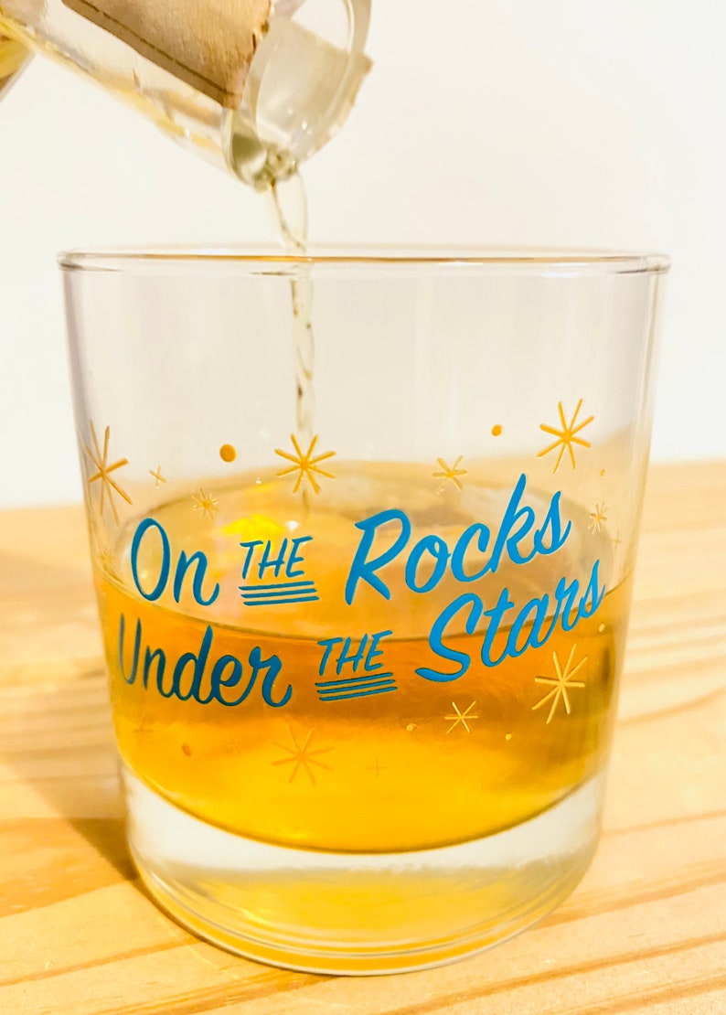 On the Rocks Under the Stars Whiskey Glass by Oh Geez Design Whiskey Rocks Glass Bourbon Glass Retro Starburst Whisky Rocks Glass image 4