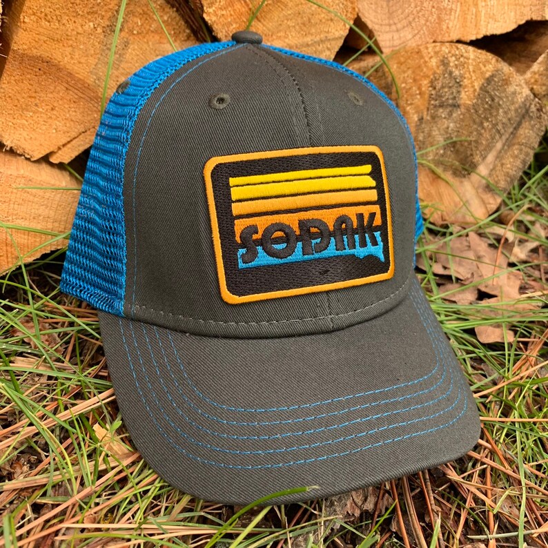 Kids SoDak Sunset Trucker Cap Youth South Dakota Sunset Patch Dark Gray Blue Snapback hat Kids South Dakota Trucker Hat Oh Geez Design image 9