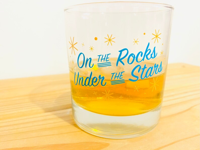 On the Rocks Under the Stars Whiskey Glass by Oh Geez Design Whiskey Rocks Glass Bourbon Glass Retro Starburst Whisky Rocks Glass image 2