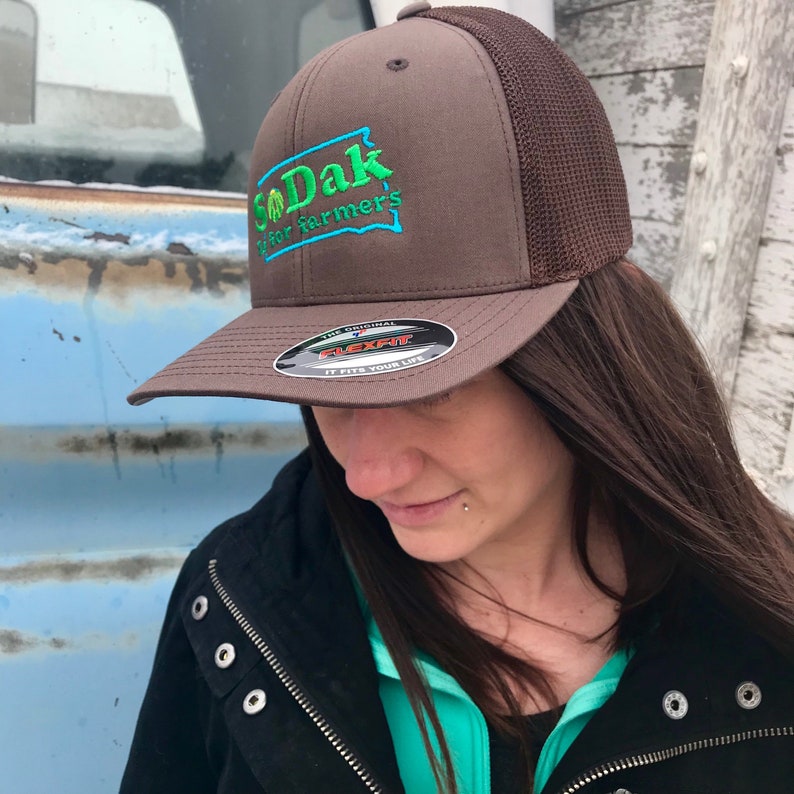 SoDak is for Farmers Brown Trucker Cap SoDak South Dakota is for Farmers Retro Fitted Baseball Hat EmbroideredFarming Cap Oh Geez Design image 5