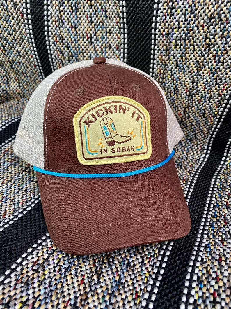 Kickin It in SoDak Snapback Rope Hat by Oh Geez Design South Dakota Western Patch Trucker Hat Brown Retro SoDak Cowboy Boot Rope Hat image 9