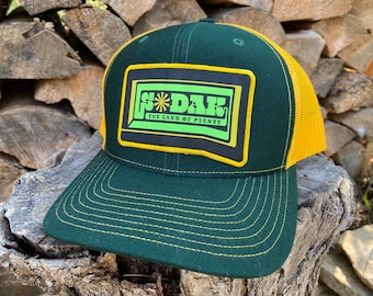 SoDak Land of Plenty Retro Trucker Hat - South Dakota Land of Plenty Woven Patch Green Gold Cap - SoDak Farmer Snapback by Oh Geez! Design