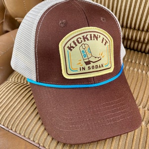 Kickin It in SoDak Snapback Rope Hat by Oh Geez Design South Dakota Western Patch Trucker Hat Brown Retro SoDak Cowboy Boot Rope Hat image 4