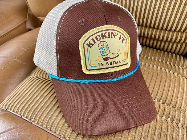 Kickin It in SoDak Snapback Rope Hat by Oh Geez Design South Dakota Western Patch Trucker Hat Brown Retro SoDak Cowboy Boot Rope Hat image 4