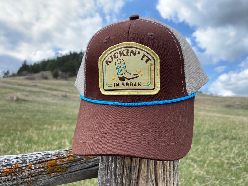 Kickin It in SoDak Snapback Rope Hat by Oh Geez Design South Dakota Western Patch Trucker Hat Brown Retro SoDak Cowboy Boot Rope Hat image 1