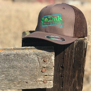 SoDak is for Farmers Brown Trucker Cap SoDak South Dakota is for Farmers Retro Fitted Baseball Hat EmbroideredFarming Cap Oh Geez Design image 2