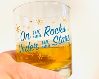 On the Rocks Under the Stars Whiskey Glass by Oh Geez! Design - Whiskey Rocks Glass - Bourbon Glass - Retro Starburst Whisky Rocks Glass