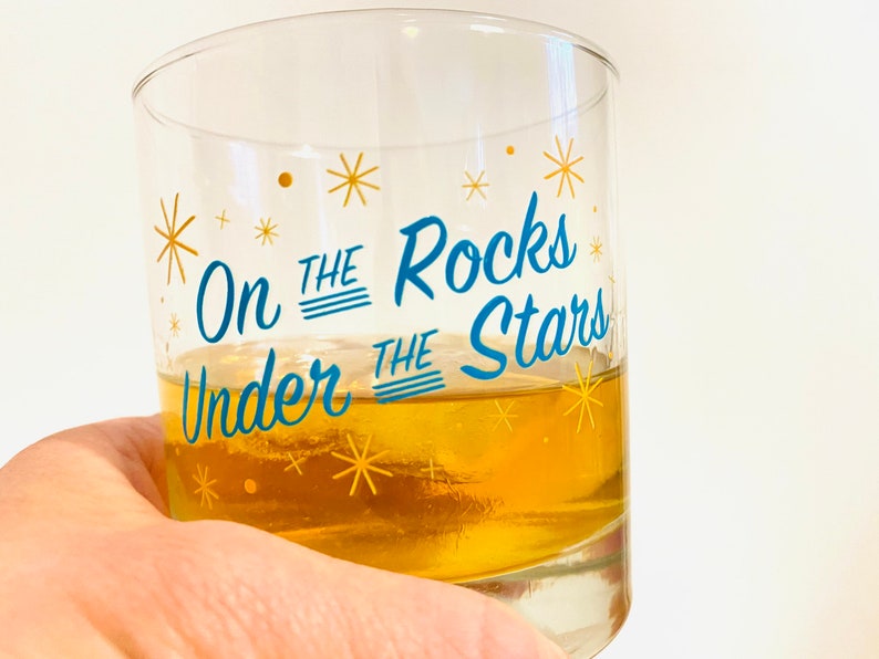 On the Rocks Under the Stars Whiskey Glass by Oh Geez Design Whiskey Rocks Glass Bourbon Glass Retro Starburst Whisky Rocks Glass image 1