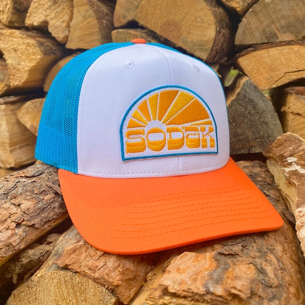 SoDak Sunbeams Trucker Cap - South Dakota Retro Sunbeams Patch Hat by Oh Geez! Design - Orange White Blue SoDak Embroidered Trucker SnapBack