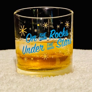 On the Rocks Under the Stars Whiskey Glass by Oh Geez Design Whiskey Rocks Glass Bourbon Glass Retro Starburst Whisky Rocks Glass image 3